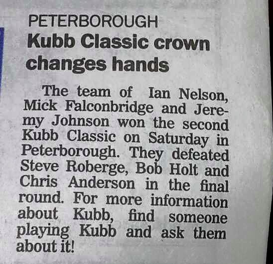 newspaper blurb about being defeated in the Kubb Classic final